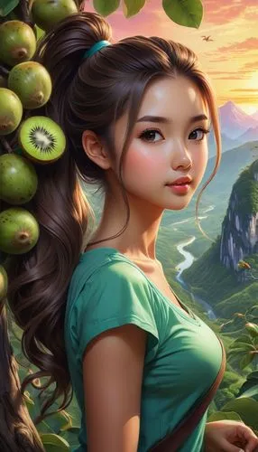 a beautiful girl with green apples near some trees,kiwifruit,watermelon background,landscape background,guava,green apples,guavas,world digital painting,nature background,portrait background,woman eat