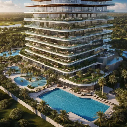 Two 14 stories, solor glass, renewable energies,  triangular outer buildings, one separate 14 stories octagonal center building, three pools, one rooftop deck pool, balconies on one building, golf cou