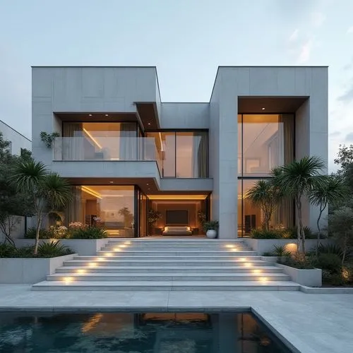 A hyper-realistic, high-resolution architectural photograph capturing a grand, ultra-modern luxury mansion at twilight. The building’s façade is composed of smooth white stone panels contrasted with s