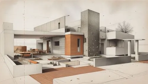a drawing of a house with wood floors and white walls,modern house,modern living room,cantilevers,habitat 67,prefab,renders