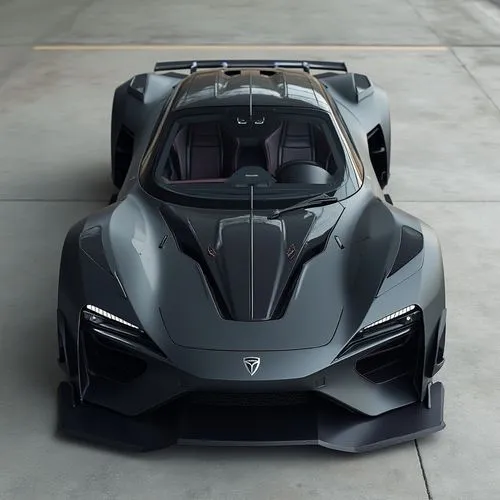 A bold and industrial electric sports car with a focus on raw performance and power. The vehicle has a low profile with sharp edges and a muscular stance. The body is finished in matte charcoal black,