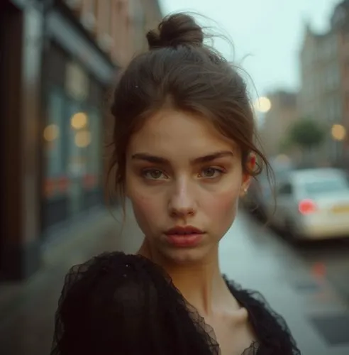 a portrait of a beautiful Caucasian young woman, 22 years old with brown hair, brown eyes, and red lips, she has her hair tied up with a bun, she is wearing a black dress with a neckline. She is stand
