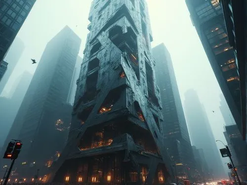 Deconstructivist skyscraper, futuristic architecture, irregular shape, fragmented forms, clashing materials, metallic panels, glass façade, abstract composition, dramatic lighting, cityscape backgroun