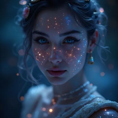 Close-Up of an Angelic Being\u2019s Celestial Tattoo in a Starry Void\nDescription: A photorealistic close-up of an angelic being\u2019s celestial tattoo, set against a starry void. The tattoo is an i