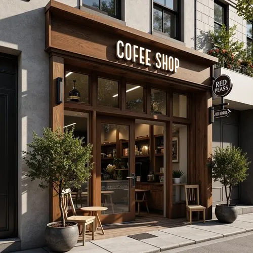 Cozy coffee shop, rustic wooden facade, vintage metal signs, industrial steel doors, large glass windows, natural stone walls, earthy color scheme, modern minimalist design, subtle LED lighting, warm 
