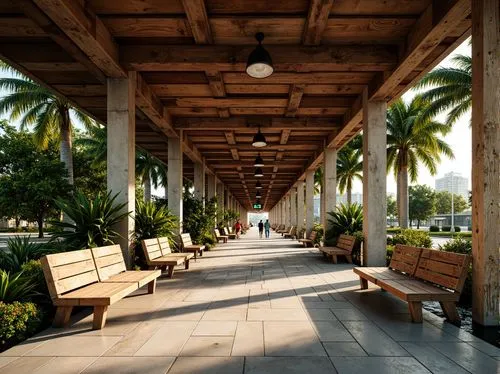 Vibrant bus station, vernacular style architecture, wooden benches, rusted metal frames, natural stone flooring, greenery walls, tropical plants, warm lighting, shallow depth of field, 1/1 composition