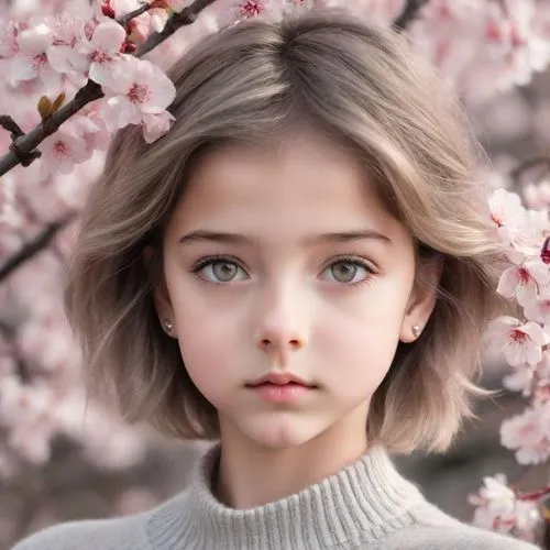 a  wearing blue eyes stands under some cherry blossom,girl in flowers,young girl,little girl in pink dress,beautiful girl with flowers,girl with tree,mystical portrait of a girl,natural color,girl por
