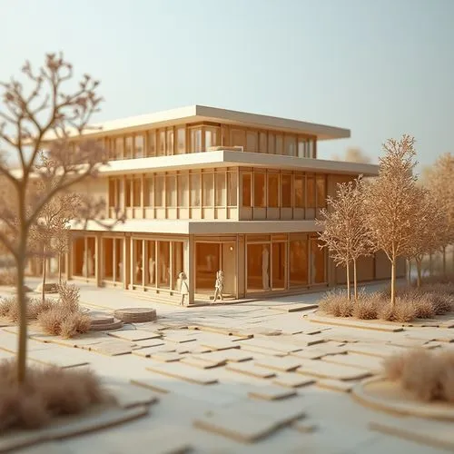 a modern wooden architectural model of a contemporary commercial building with detailed landscaping


,a building surrounded by trees on top of a sidewalk,tilt shift,3d render,viminacium,3d rendering,