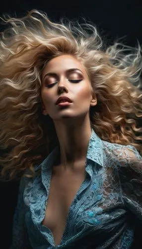 An ethereal and captivating portrait: A blonde woman with abundant, vibrant hair, her eyes closed, giving air kisses. Her vibrant locks, hiding one of her eyes, add mystery and sensuality. The dark ba