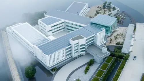 a white building is surrounded by fog,shenzhen vocational college,europan,ohsu,technopark,snohetta,mvrdv,Photography,General,Realistic