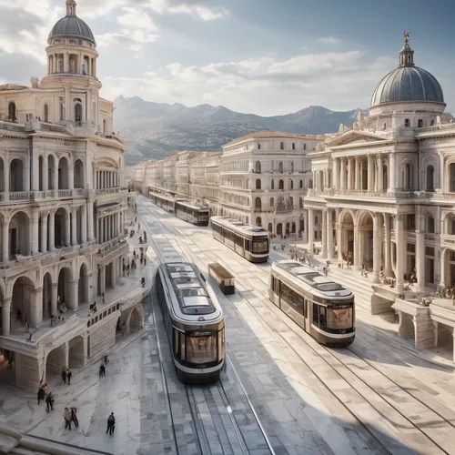 create a city made entirely of marble, as if it were ancient, beautiful, with a first floor tram that crosses the city, also made of marble,the transportation system,marble palace,monte carlo,genoa,tr
