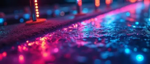 miami beach,cyberpunk,a brightly colored rain covered sidewalk with a traffic light,colored lights,rain bar,rain droplets,droplets,rain drops,raindrops,rainfall,light rain,rainwater drops,ambient ligh