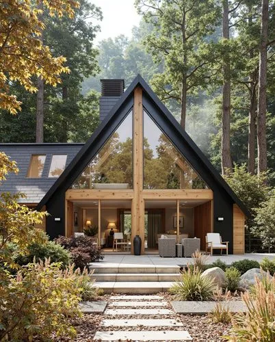 Modern rustic, Black metal and wood cladding, Expansive glass front, Minimal stone landscaping, Subtle interior warmth, Neutral earthy tones, Intimate connection to nature, by Peter Zumthor

,a house 