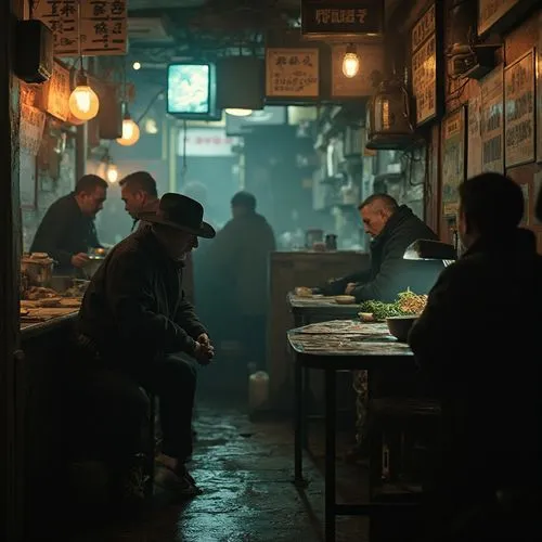 Inside a dimly lit noodle bar, patrons huddle over steaming bowls, seeking solace from the cold rain outside. A weary detective sits at the counter, his fedora dripping water onto the floor. He studie