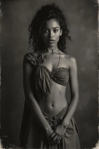 "Photorealistic, formal human portrait, black and white, modestly dressed beautiful polynesian tahiti slave female, daguerreotype",black and white po of a woman wearing an ancient headdress,tintype,th
