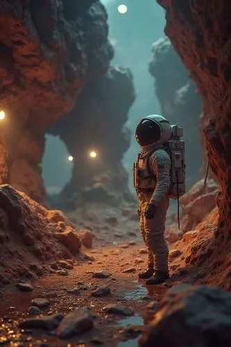 Science fiction scene. Space. Exploration robots, Mars. Living quarters with lights and headlights. Photo. Hyper-realistic image. Perfect.,an astronaut standing in the middle of a rocky terrain,spaces