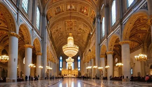 Florence Cathedral, grand architecture, intricate stone carvings, stained glass windows, ornate details, warm soft lighting, golden hour, dramatic high ceiling, vaulted arches, marble floor, grand sta