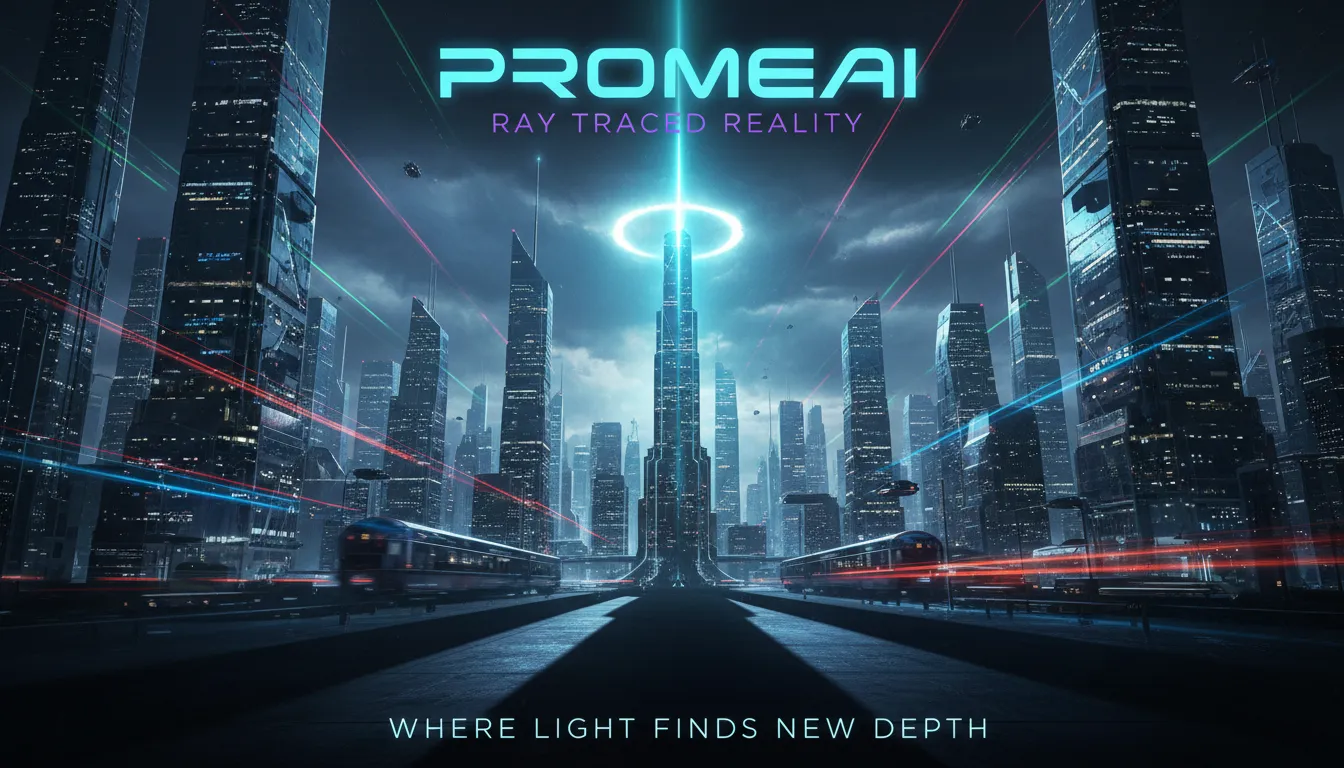 Un poster iperrealistico creato con PromeAI, che mostra un ray tracing avanzato con ombre profonde e luce vibrante.