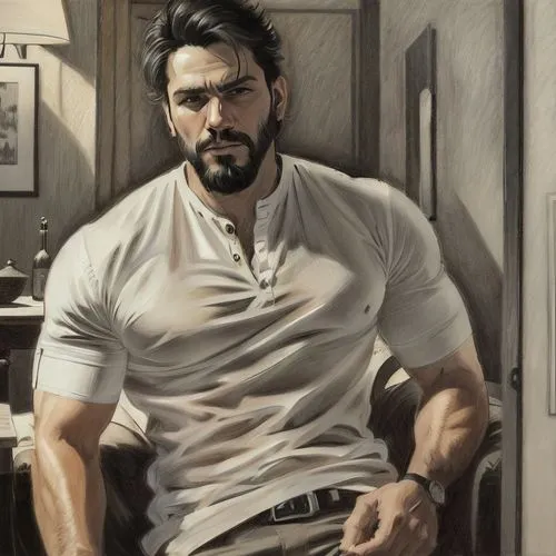 3B pencil sketch in a crumpled sheet of a Muscular caucasian man with black hair and beard with a stern look wearing a tight white t-shirt and gray pants with a black belt sitting in an armchair in th