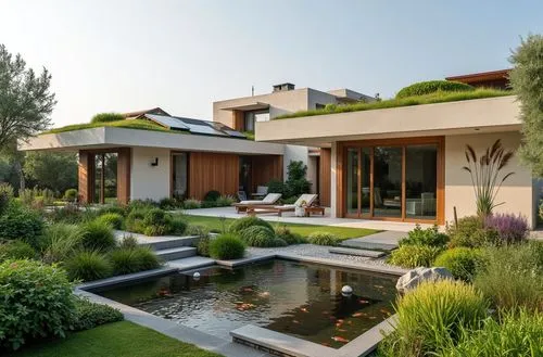 dos casas linderas , minimalistas , de estilos diferentes , con paredes de mamposteria estucada , en colores engamados y carpinterias de madera , panelo solar en el techo  y un jardin circundate , con