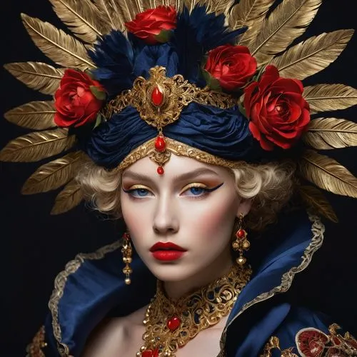 Photorealistic portrait of an ethereal figure with porcelain skin, blonde curly hair, and vibrant red lips against a dark background. Subject wears an exquisite navy blue and gold baroque costume with