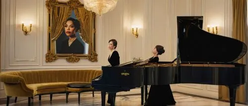 Luxurious modern gensler interior, high-end residential space, mature lady, stylish short hair, elegant makeup, pearl necklace, black evening dress, standing, leaning on a grand piano, lavish chandeli
