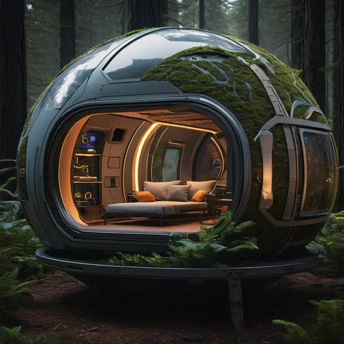 Envision a series of self-contained, mobile living pods that can be transported to various environments, such as forests, deserts, or mountains. Looking from an angle inside the living pods. Each pod