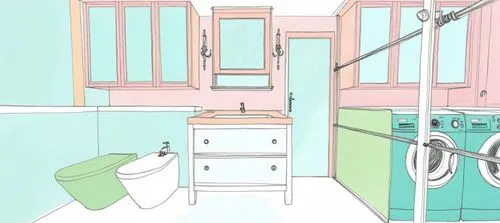 a drawing of a bathroom showing toilet and sink,laundryman,laundress,washing machine,clothes washer,laundry,laundries