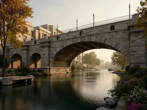 Majestic Byzantine bridge, rustic stone arches, ornate iron railings, lush greenery, vibrant flowers, tranquil water reflections, serene river views, historic masonry, weathered wooden docks, atmosphe