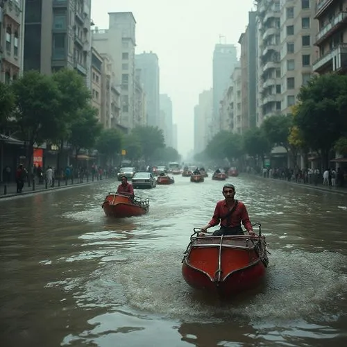Extreme level view of flood in a city, vehicles are floating in the water, peoples walking through the water and passing through water using small boats, dirty water, hard situation,two people ride on