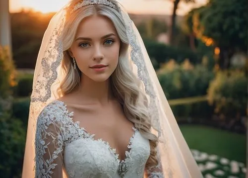 Alena Aenami, beautiful detailed eyes, long silver hair, pale skin, elegant slender fingers, white wedding dress, lace veil, diamond necklace, high heels, standing, luxurious villa, garden, sunset, wa