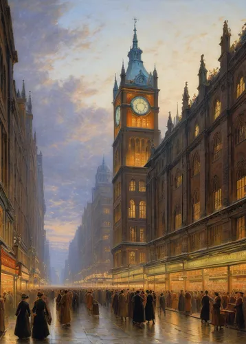 Describe the hustle and excitement of an old trading stock market in a bustling city.,john atkinson grimshaw,westminster palace,city of london,harrods,evening atmosphere,the victorian era,the evening 