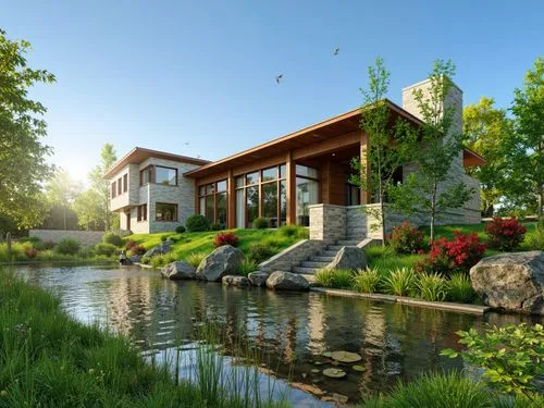 A photo-realistic shoot from a bird's eye view about a modern house with a serene landscape featuring a small pond surrounded by tall grass and rocks. the image also shows a clear blue sky and sunligh