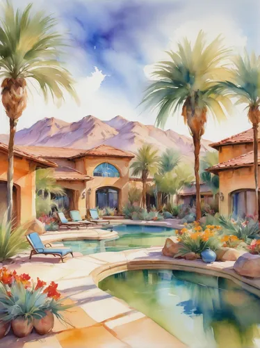 Create a vivid description of a Palm Desert resort that combines the enchantment of Disney with the serenity of the desert.,watercolor palm trees,desert landscape,indian canyons golf resort,desert des