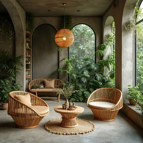 An eco-friendly studio apartment interior, bamboo made chairs and center table, concrete walls and decorated in greenery and flowers, green roof , with opulent ambience. atmosphere is Fall, with a uni