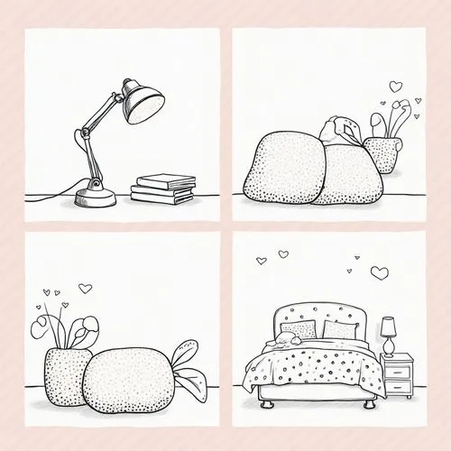 Une composition en grille 2x3 présentant six illustrations carrées distinctes de style page de coloriage. Chaque illustration est réalisée en art au trait noir simple et épuré sur fond blanc, contenue