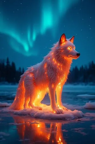A wolf sculpted from flames, glowing with blue and orange light, standing atop a frozen lake. Aurorae shimmer in the background, while reflections of firelight dance on the icy surface, blending contr
