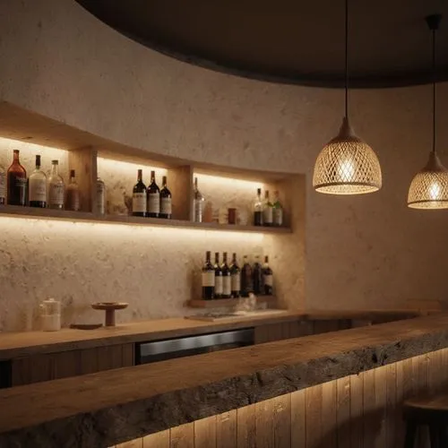 Ultra-realistic close interior shot of cafe bar counter, organic modern design, curved plaster walls, warm hidden LED lighting, wooden bar with natural texture, shelves with bottles and soft glow, han