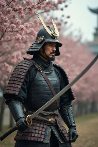 Traditional samurai warrior. Shogun. Ashikaga Shogunate. Traditional samurai armor. Helmet. Making movements with katana. In a Japanese castle. Photo. Hyper-realistic image. Perfect. Japanese landscap