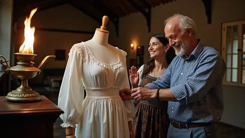 A realistic shot from a museum exhibition shows a slender, 60-year-old man with short white hair and a salt-and-pepper beard, smiling warmly; he is wearing a blue-and-white checkered shirt and leaning
