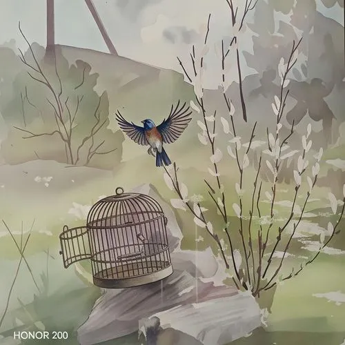 На земле стоит клетка, из которой вылетает птичка,there is a bird flying to a cage outside,bird painting,nature bird,hummingbirds,birds love,humming birds,humming bird