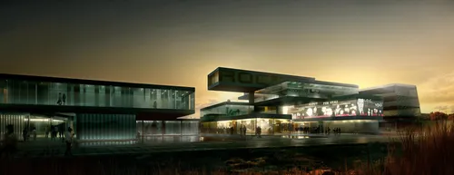 commercial building at dusk,there are people standing outside a building by the water,snohetta,epfl,futuristic art museum,embl,autostadt wolfsburg,3d rendering,maxxi,morphosis,gensler,render