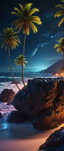 a beautiful starry midnight in space, some black neon  rocks flying above aggressive ocean waves, some palm trees,there is a beach and palm trees in this painting,ocean background,dark beach,tropical 