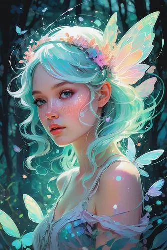 holographic. shabby chic dreamy glow pastel woodland freckled fairy girl swirling magical fairytale abstract ArtStation style.,a beautiful woman wearing white and blue with green leaves around her nec
