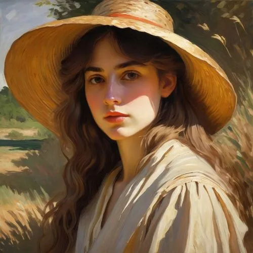 [Portrait of a young woman wearing a large straw hat, contemplative expression, serene and slightly melancholic mood], [oil painting, in the style of classical realism with a touch of romanticism], [J