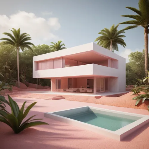 Clay house  Design by Alberto Campo Baeza architects. Tropical Landscape architecture, photo realistic render, shallow depth of field,Close up, clear details, white, pink and orange clay, Chaos Group 