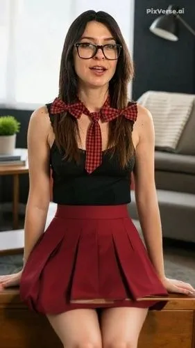 a woman sitting on a desk wearing a red skirt and shirt,secretarial,secretary,cute tie,tartan skirt,librarian,miniskirt,school skirt,sitting on a chair,miniskirts,skirt,nerdy,nice dress,chairwoman,min