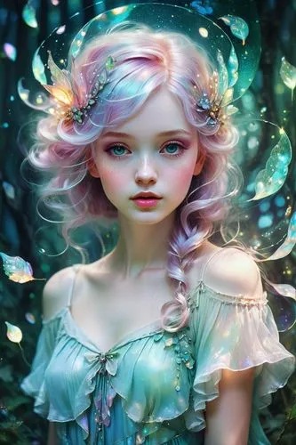 holographic. shabby chic dreamy glow pastel woodland freckled fairy girl swirling magical fairytale abstract ArtStation style.,a girl with blue eyes and pink hair is in the forest,faery,faerie,fairy p