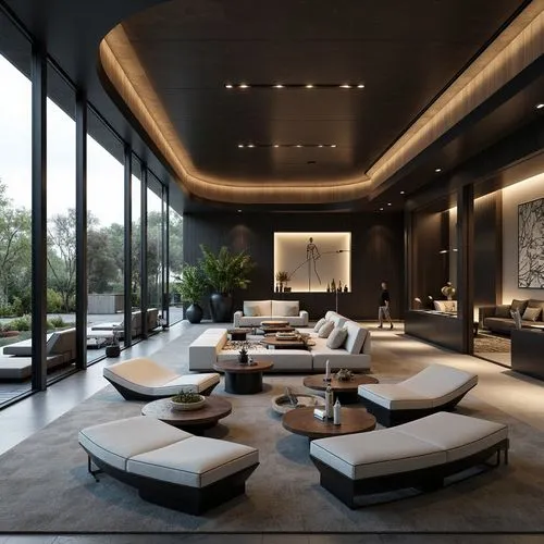 Sleek modern interior, curved lines, flowing shapes, minimalist decor, monochromatic color scheme, polished metal accents, glossy wood finishes, luxurious fabrics, subtle ambient lighting, indirect il