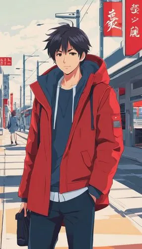 35 YEAR OLD MAN IN RED.,anime japanese clothing,winter clothing,winter clothes,parka,sakura background,anime boy,jacket,nikko,hong,pedestrian,windbreaker,japanese sakura background,anime cartoon,red b